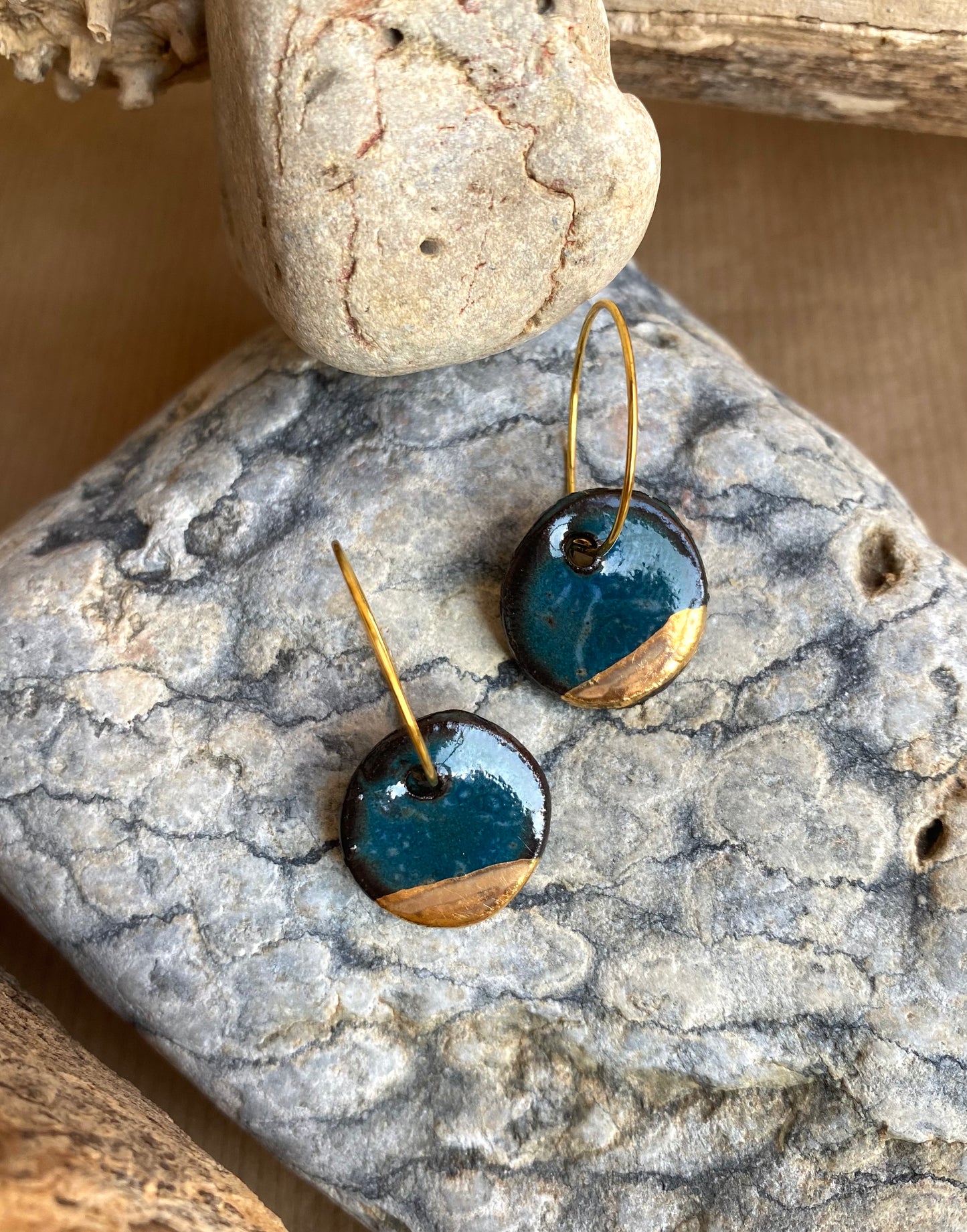 Blue Dot Earrings - 22K Gold Plated Hoops
