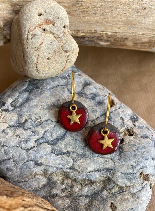 Red Dot & Star Earrings - 22K Gold Plated Hoops