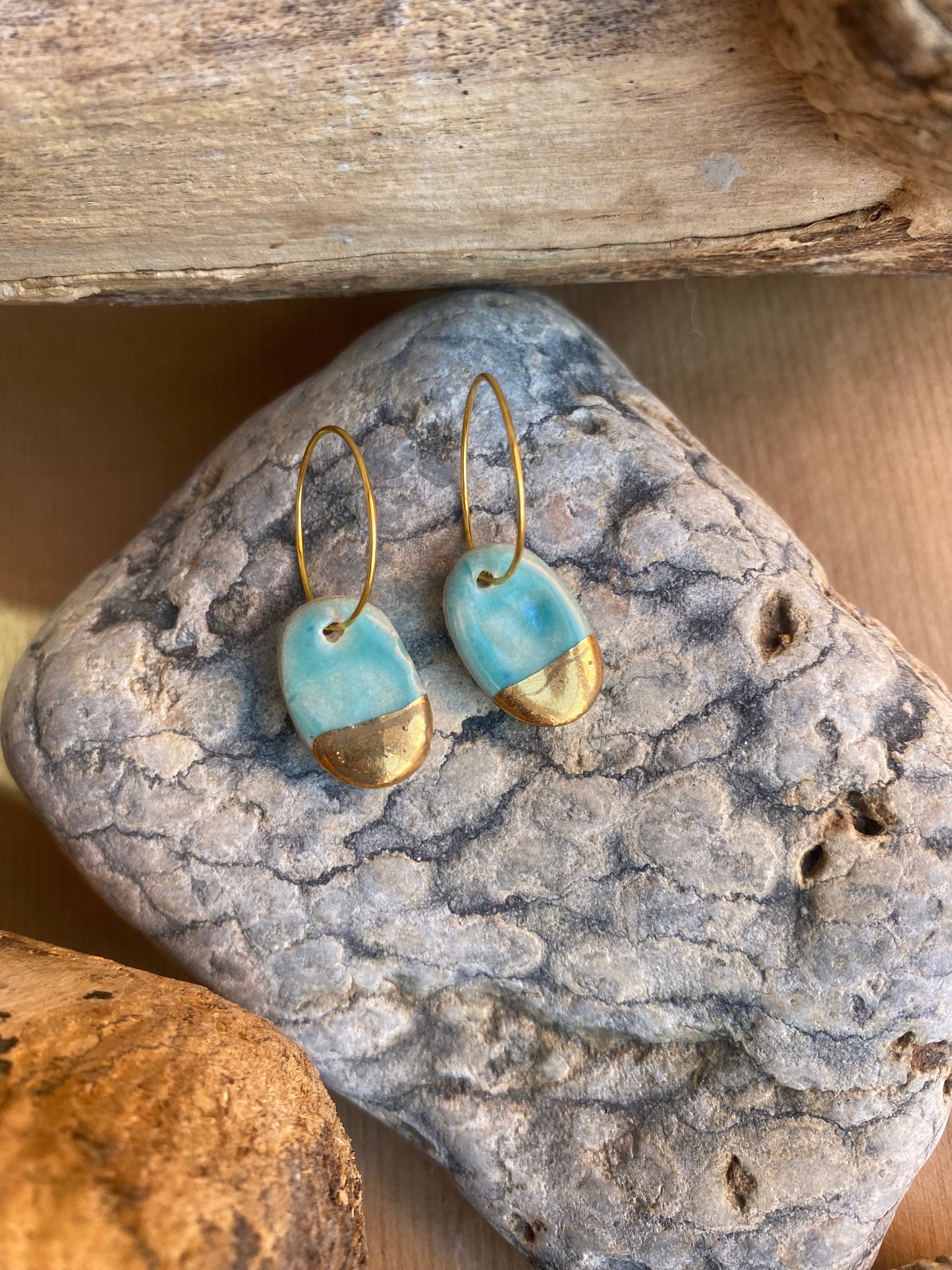 Turquoise Oval Earrings - 22K Gold Plated Hoops